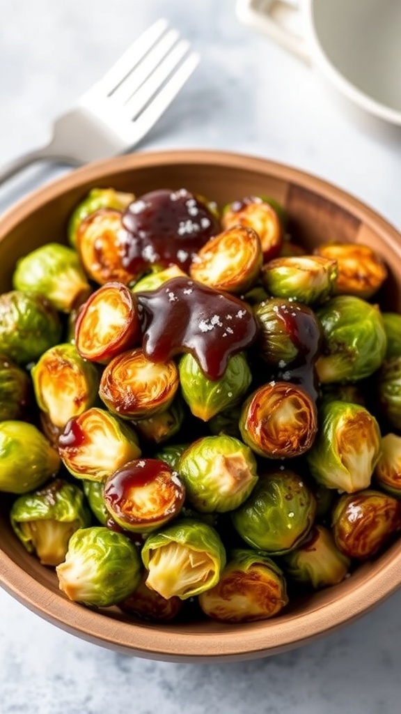 Crispy air fryer Brussels sprouts in a wooden bowl, garnished with salt and balsamic vinegar.